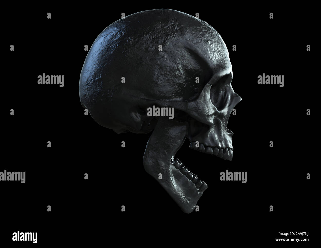 Cranio urlando isolato in sfondo nero 3D render Foto Stock