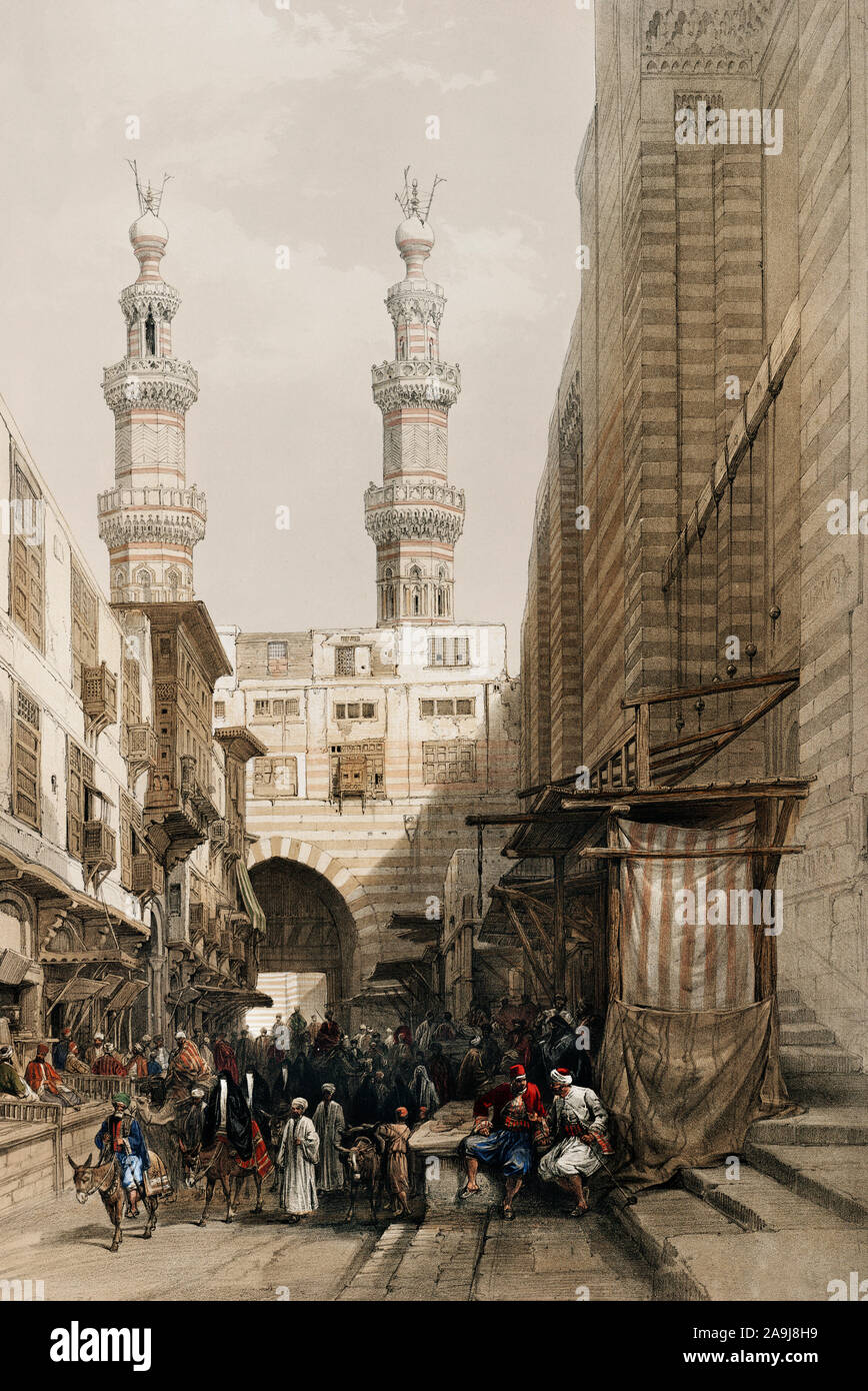 I minareti e la grande entrata del Metwaleys al Cairo illustrazione di David Roberts (1796-1864). Foto Stock