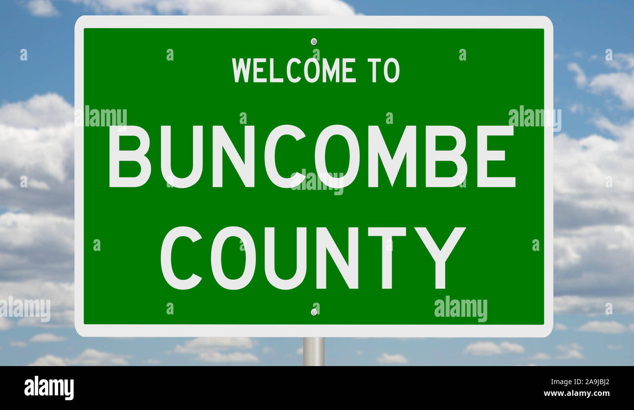 Il rendering di un verde 3d autostrada segno per Buncombe County Foto Stock