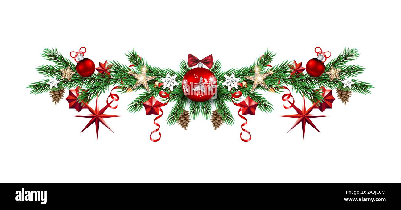 Natale evergreen baranches ornamentali. Holiday bordi decorativi con rami di pino, sfere, stelle e del nastro per la progettazione di poster, striscioni, biglietto, Illustrazione Vettoriale