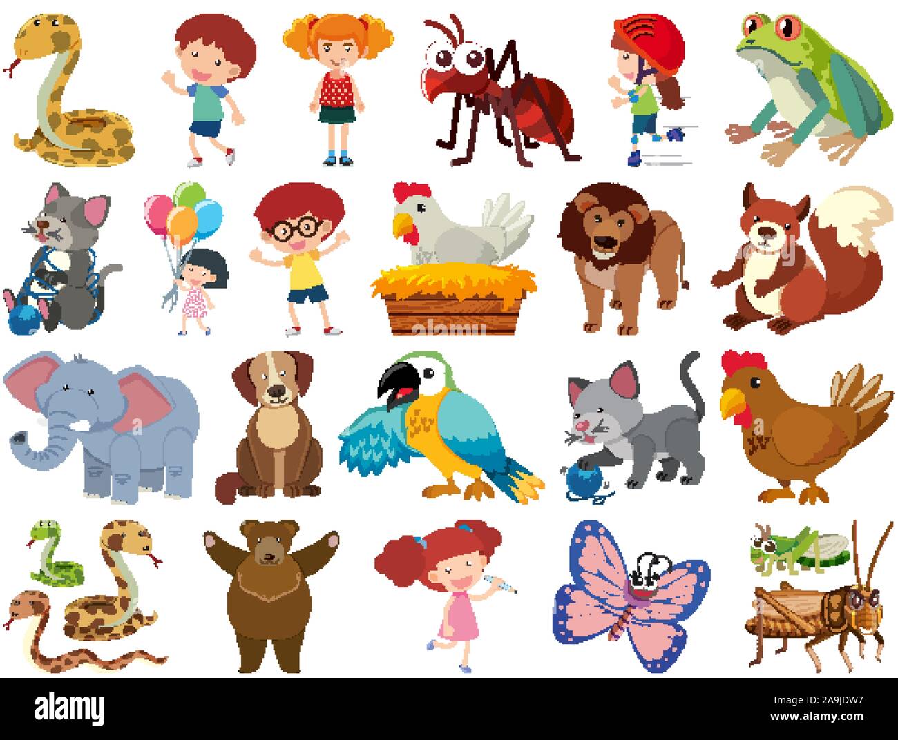 Set di oggetti isolati di bambini e animali illustrazione Illustrazione Vettoriale