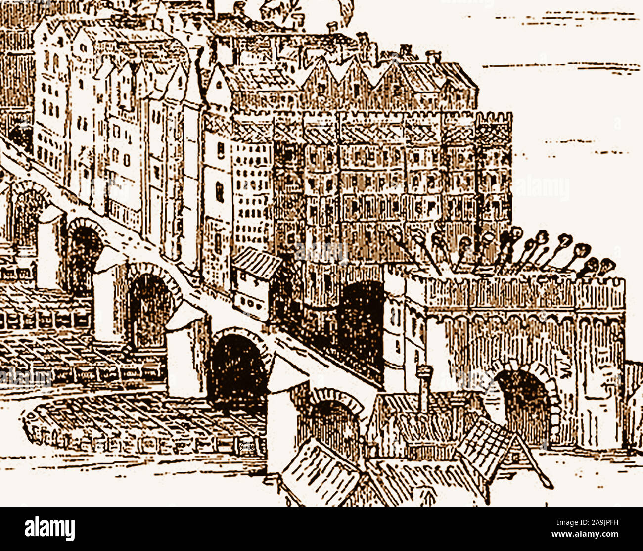 Una vista storica del vecchio ponte di Londra (1209-1831), con i suoi edifici e le teste dei criminali e traditori, infilzato su pali sopra l'arco al suo ingresso. Foto Stock