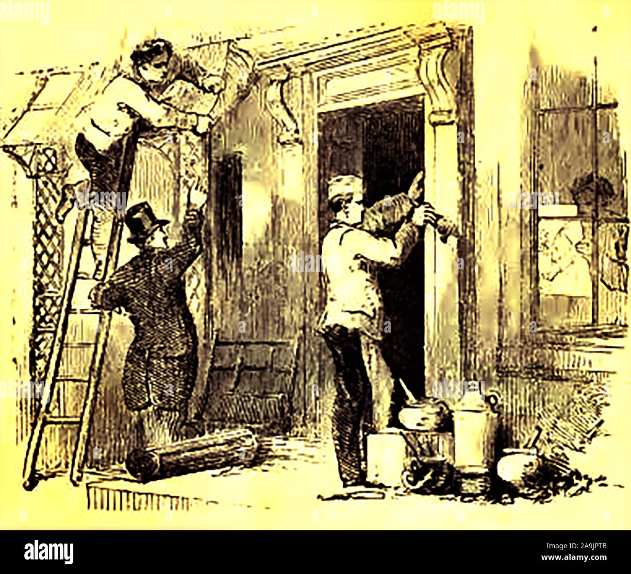 Un idraulico Vittoriano, pittore e vetraio a lavorare in Inghilterra Foto Stock