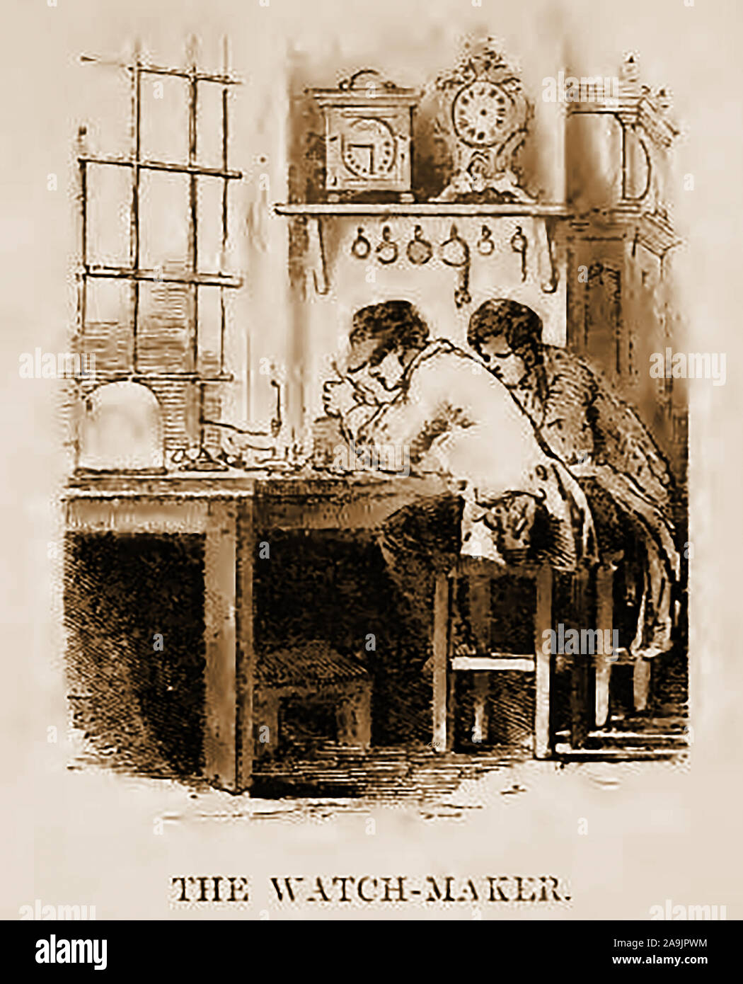 Un vittoriana inglese disegno di lavaggio che mostra un orologio / orologio maker a lavoro. Foto Stock