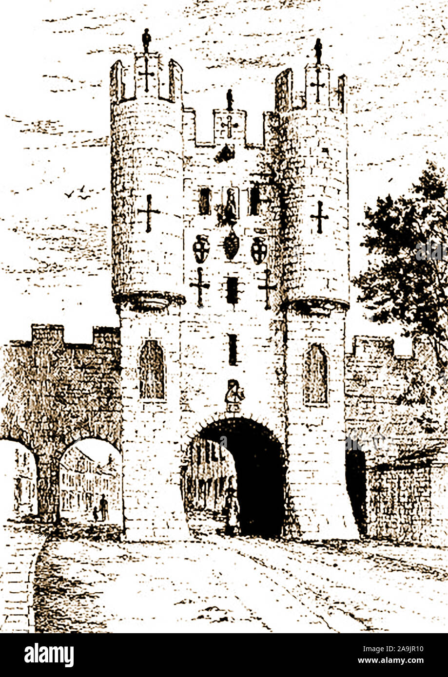 Un'antica stampa del Micklegate Bar, York, Regno Unito prima della rimozione del quarto arco (sinistra). Questo e molto di tutto il resto delle mura della città sono ancora intatte. Questo il principale,meridionale e cerimoniale di ingresso alla città vecchia è stata eretta fra 1196 - 1230 su vecchi fondamenti e è cambiato nel corso degli anni tra cui la rimozione e il ripristino della sua barbican e la rimozione del suo portcullis e quarta arcata. In tempi antichi le teste dei criminali e traditori sono stati attaccati alla costruzione su spiedini ad esempio includere Sir Henry Percy (Hotspur) nel 1403 e Richard, il Duca di York nel 1460 Foto Stock