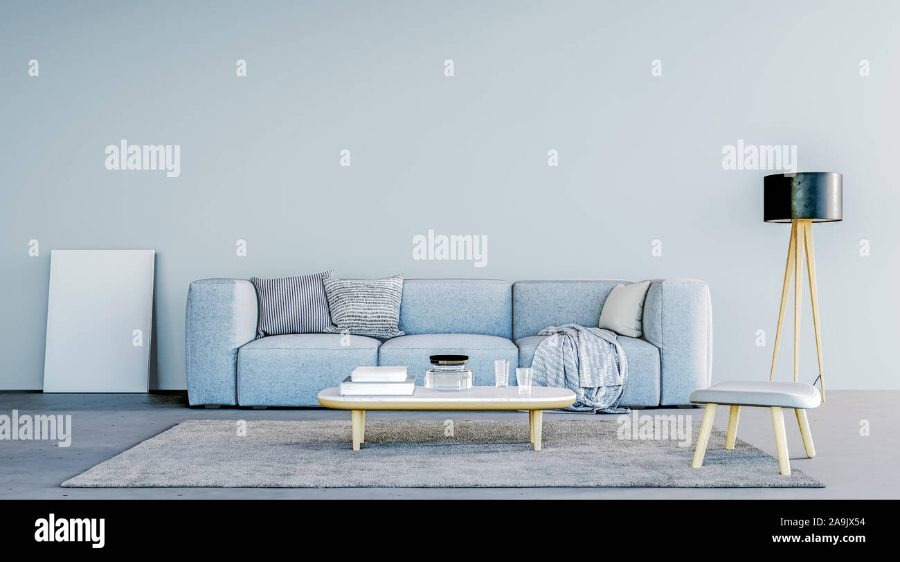 Interni dal design moderno di salotto con arredamento di stile italiano, blu colore del tema, mock-up parete, rendering 3D Foto Stock