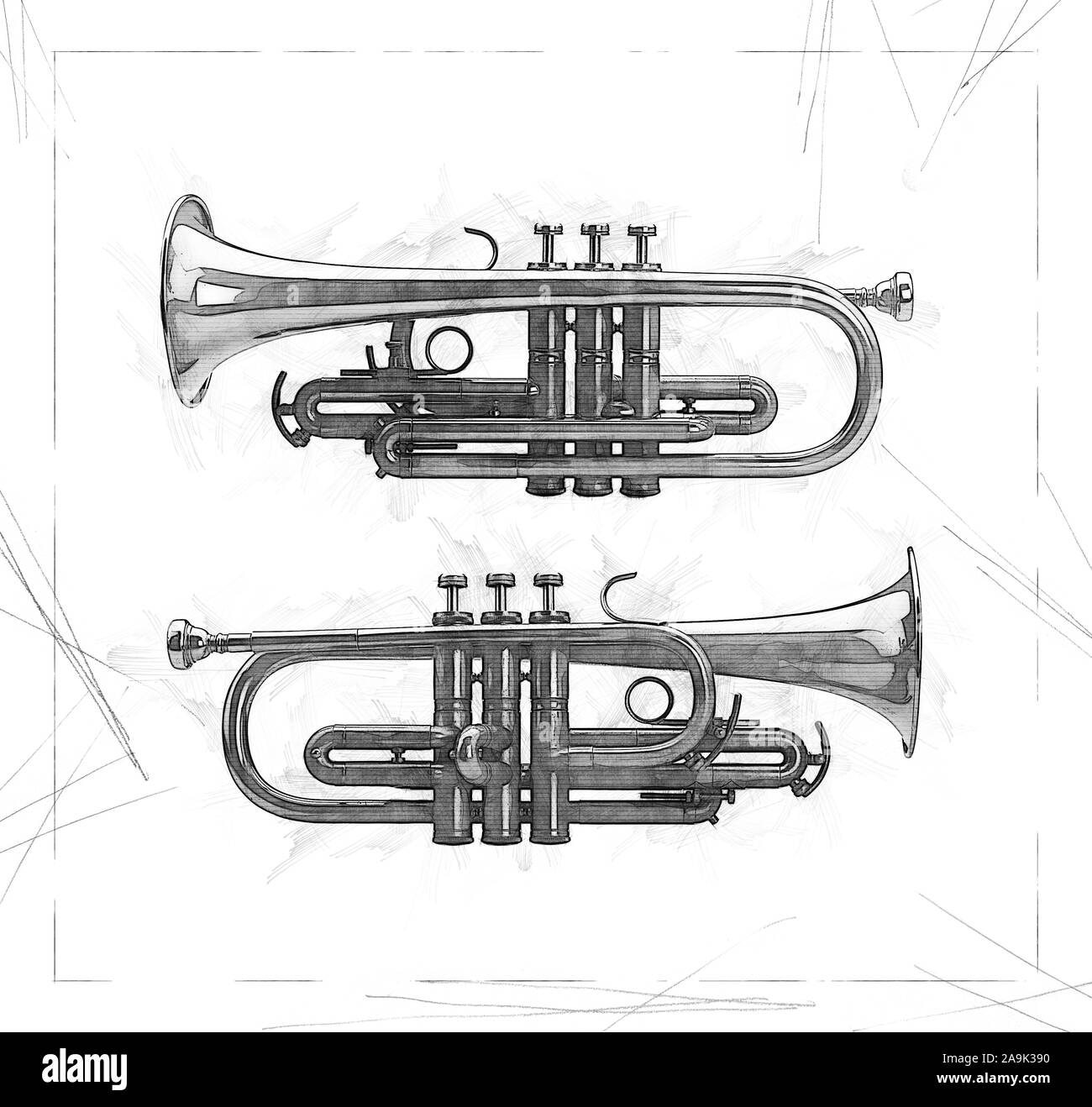 Immagine che mostra lo schizzo di due vista in elevazione laterale di una tromba in argento Foto Stock