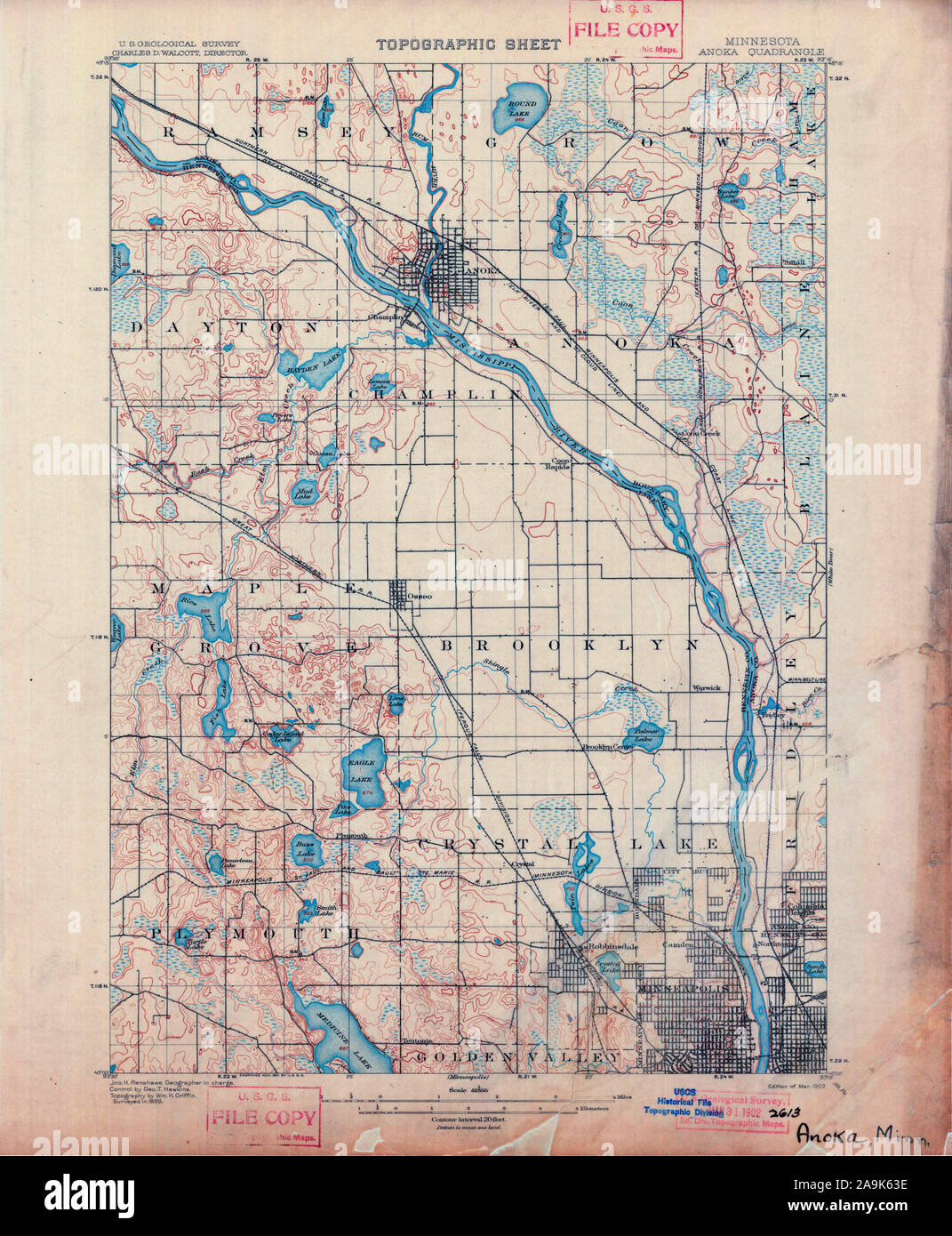 USGS TOPO Map MInnesota MN Anoka 805450 1902 62500 Restauro Foto Stock