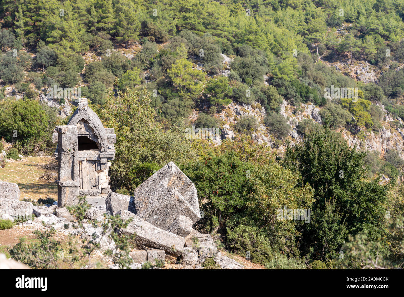 Lycian antiche tombe del montante in Pinara vicino a Fethiye, Turchia. Foto Stock