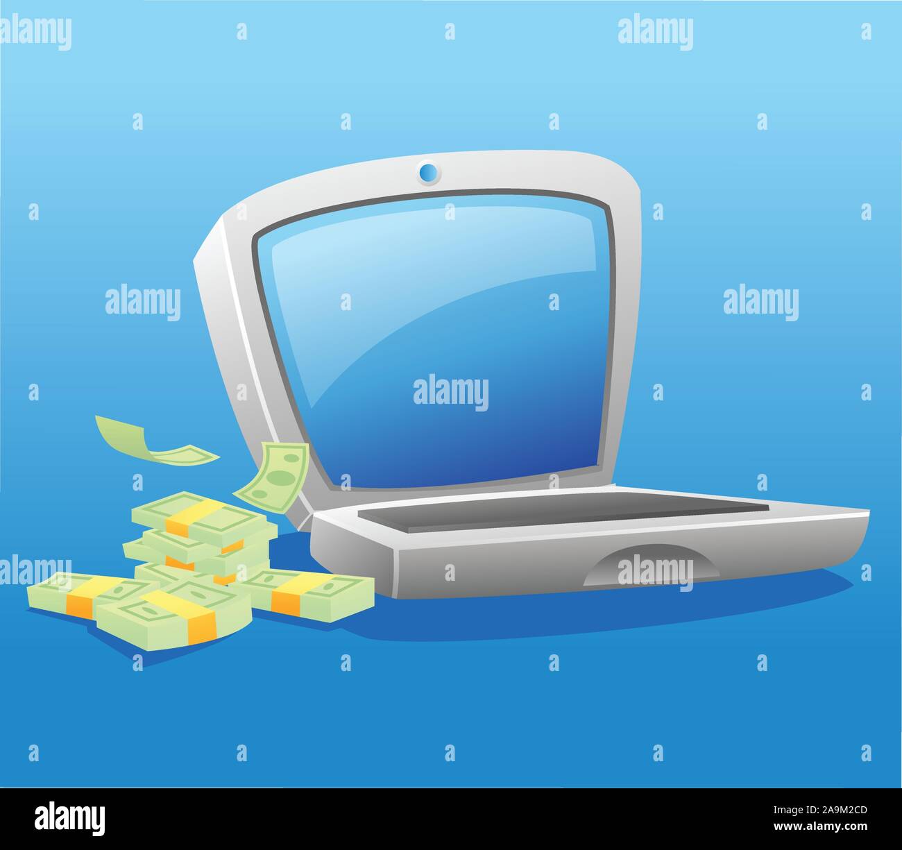 Illustrazione di un computer portatile con la pila di denaro Illustrazione Vettoriale