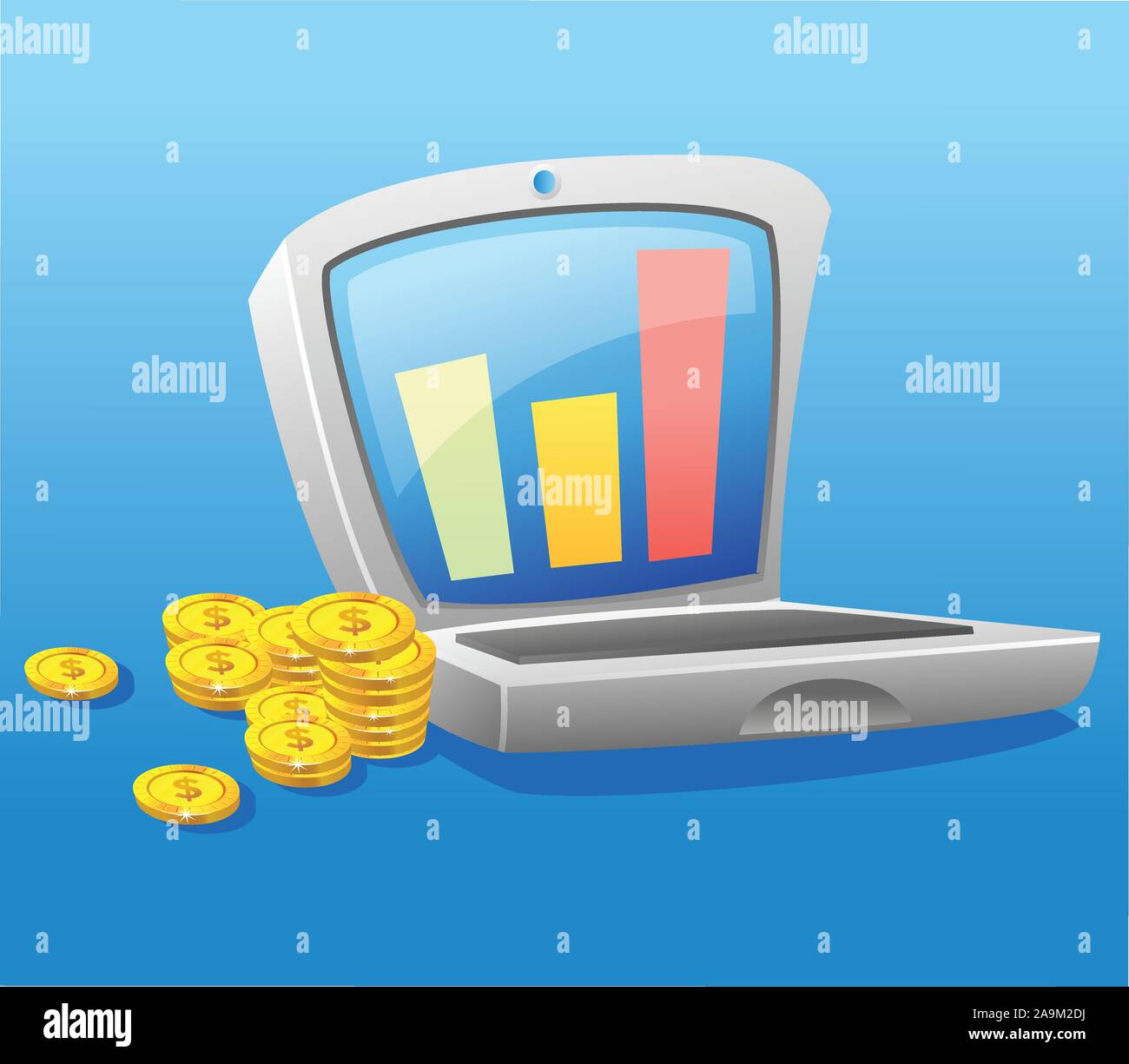 Laptop e la pila di monete d'oro - lucro con business online. Illustrazione Vettoriale