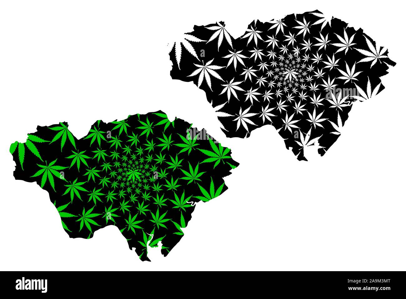 Cardiff (Regno Unito, Galles Cymru, principali zone del Galles) mappa è progettato Cannabis leaf verde e nero, Città e Contea di Cardiff map fatta di Illustrazione Vettoriale