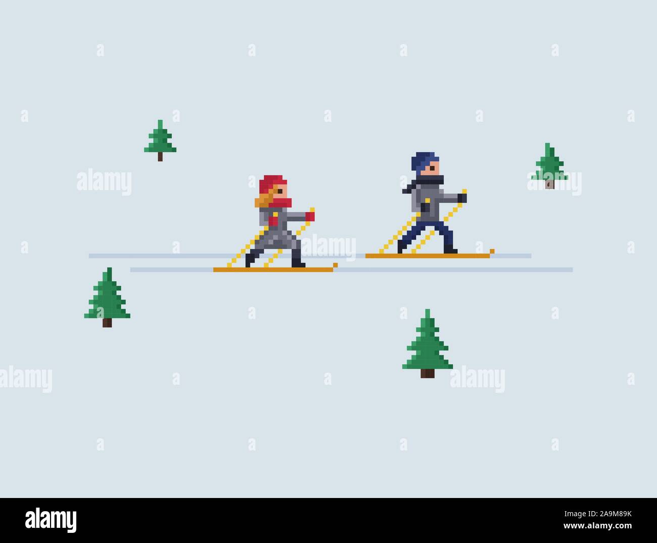 Pixel art vettore 8 bit illustrazione -ragazzo e ragazza sci e alberi di natale su sfondo azzurro Illustrazione Vettoriale