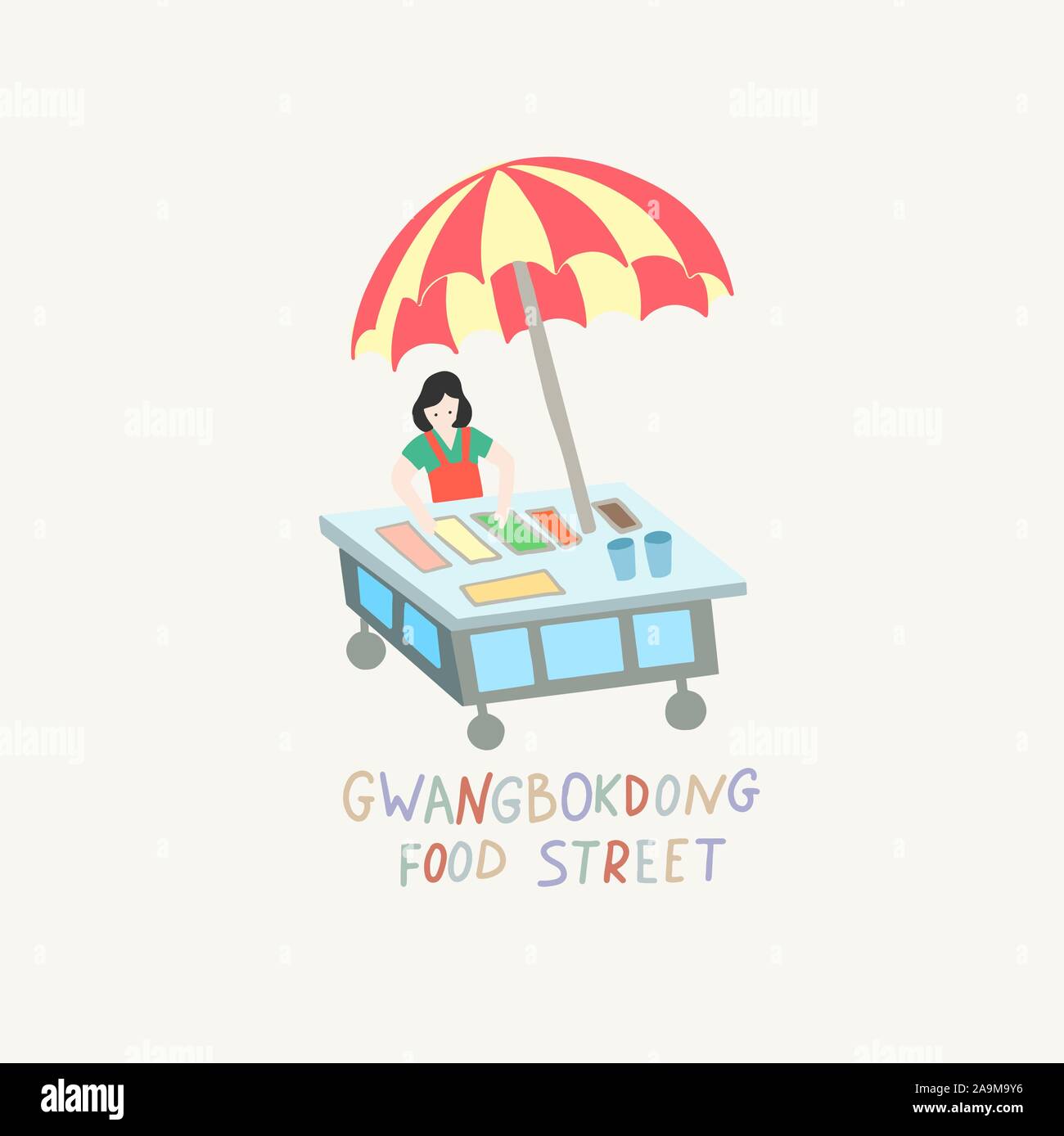 Doodle piatta illustrazione vettoriale di gwangbokdong food Street - famoso mercato in Busan Illustrazione Vettoriale