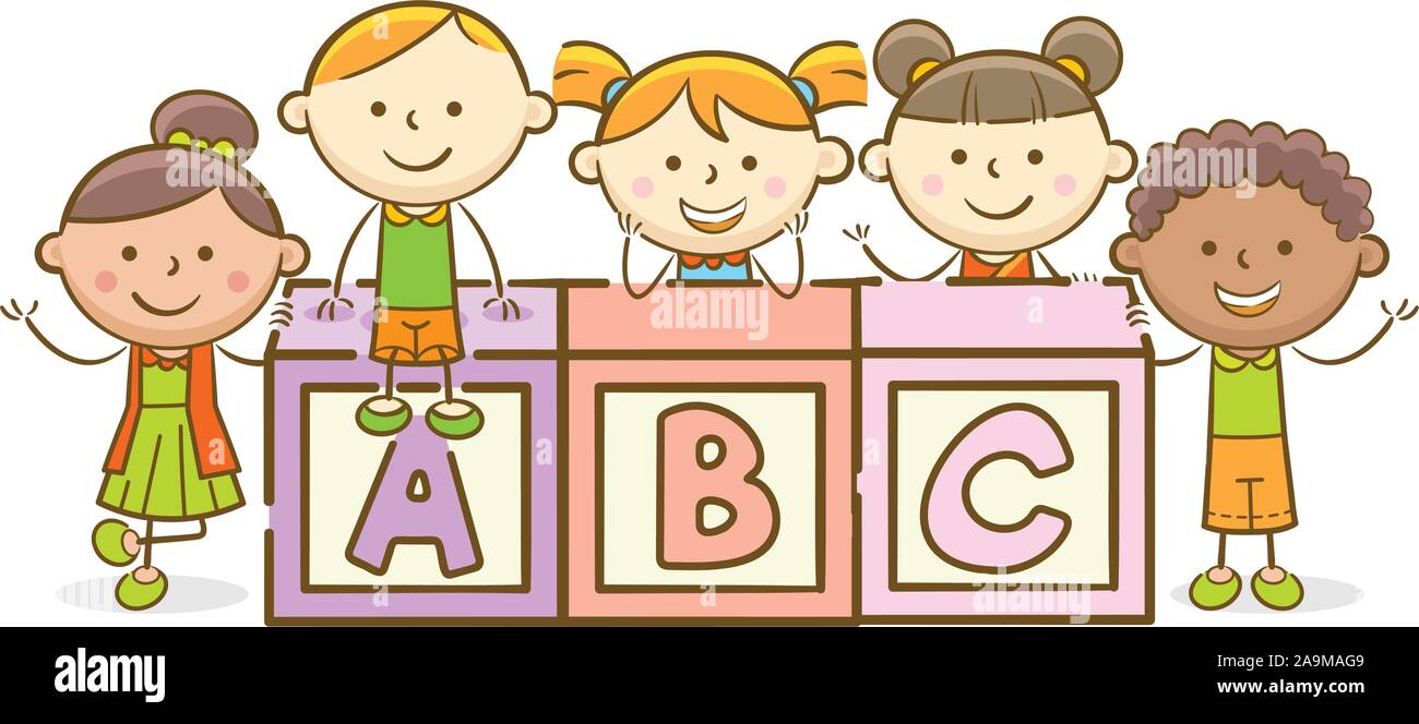 Doodle kid immagine: Alfabeto ortografia blocco ABC Illustrazione Vettoriale