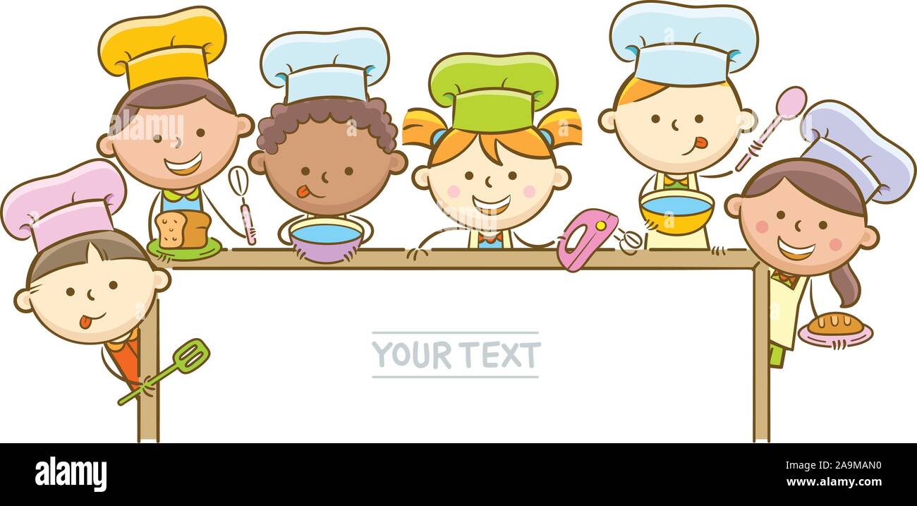 Doodle kid immagine: Kid chef mostra orizzontale lavagna vuota Illustrazione Vettoriale