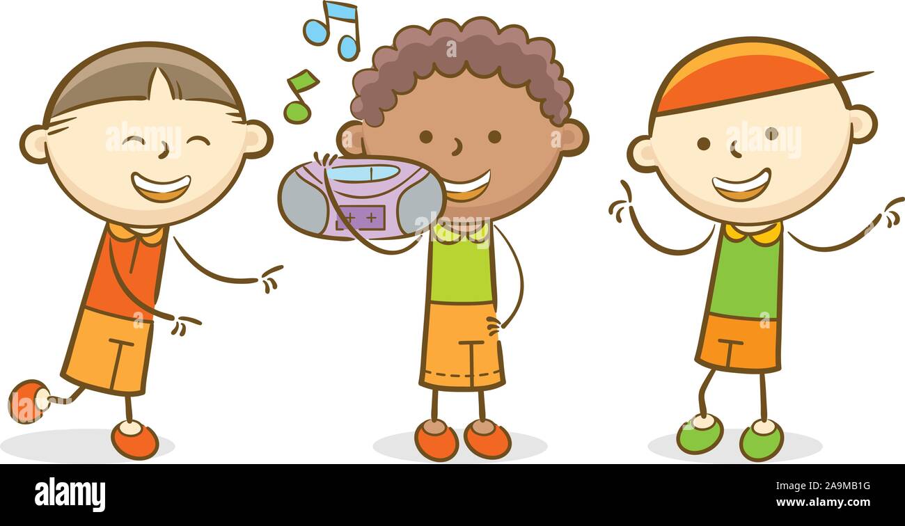 Doodle kid illustrazione: Boy tenendo un boombox mentre gli altri bambini danza Illustrazione Vettoriale