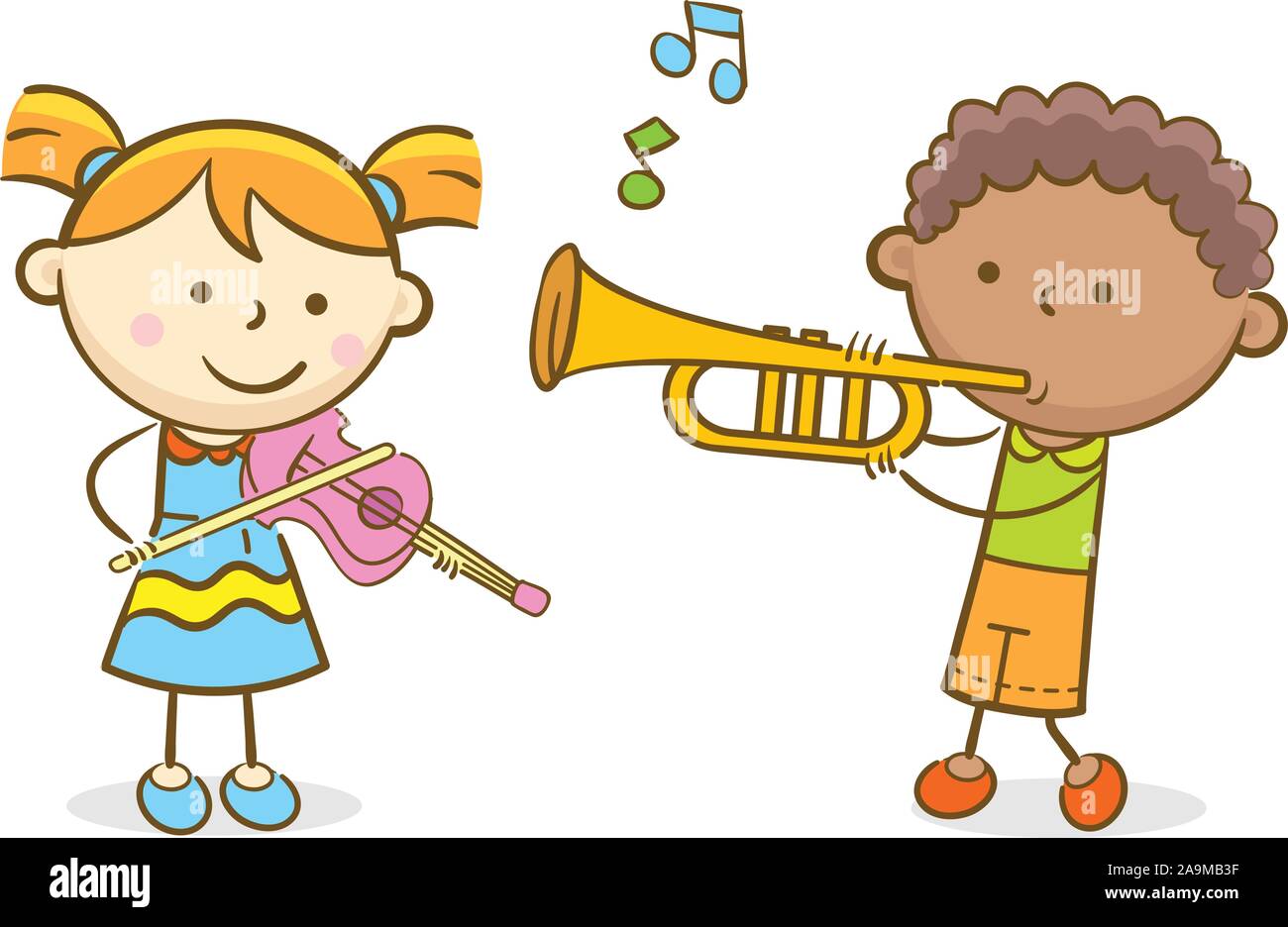 Doodle kid illustrazione: Kids suona il violino e la tromba Illustrazione Vettoriale