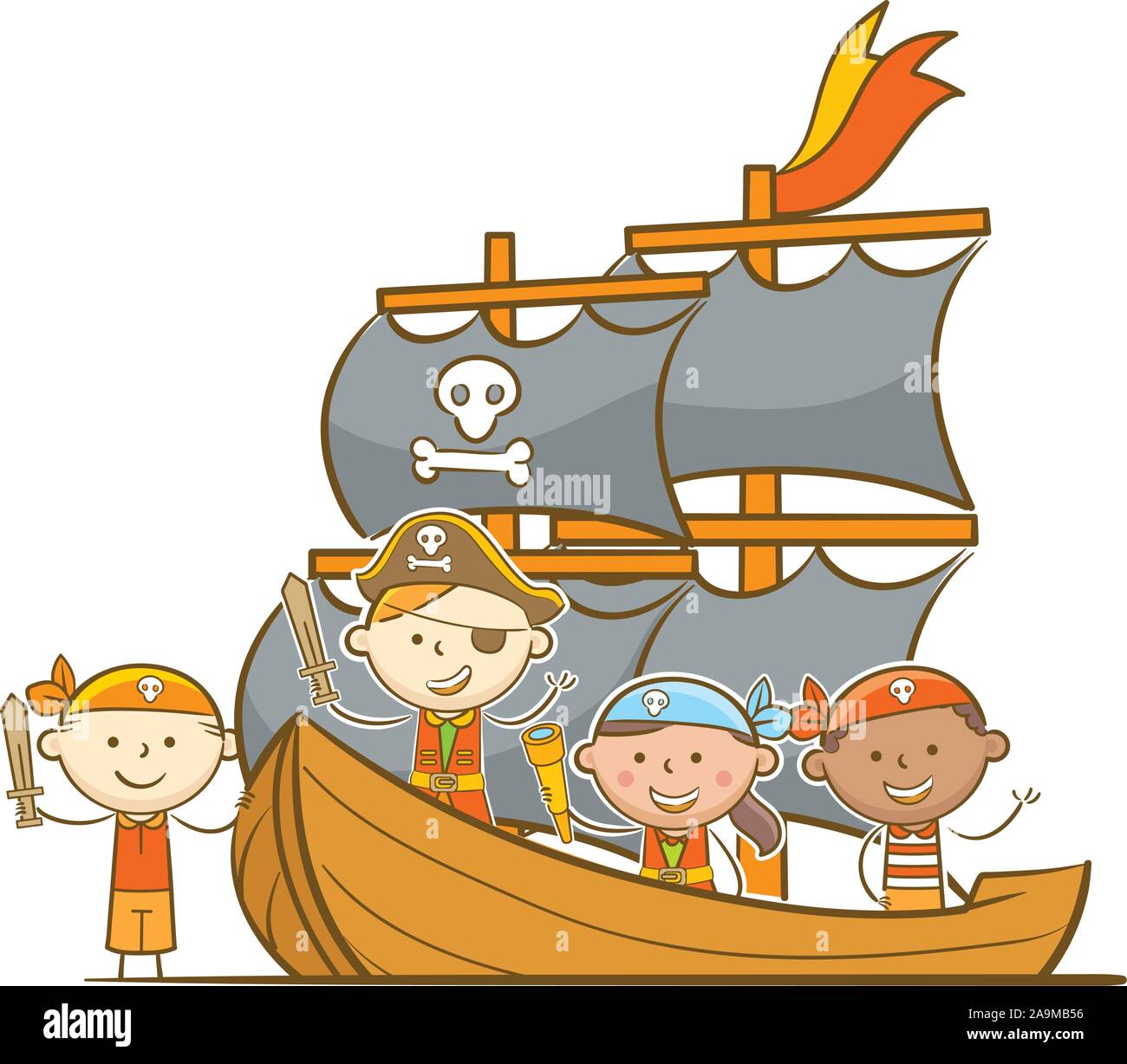 Doodle kid illustrazione: Bambini pone in una nave con il costume da pirata Illustrazione Vettoriale