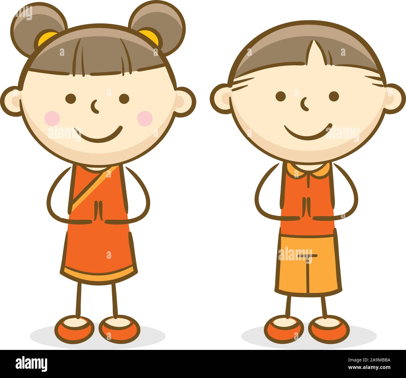 Doodle kid immagine: Ragazzi asiatici facendo un gesto di saluto e sorridente Illustrazione Vettoriale