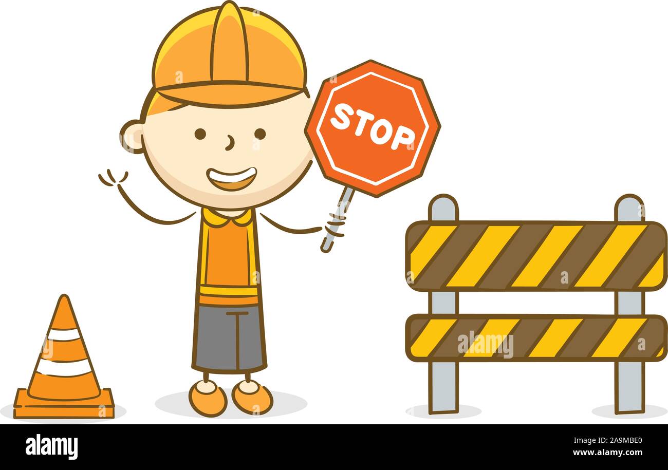 Doodle kid illustrazione: Boy tenendo un arresto rosso segno di traffico su in costruzione scena Illustrazione Vettoriale
