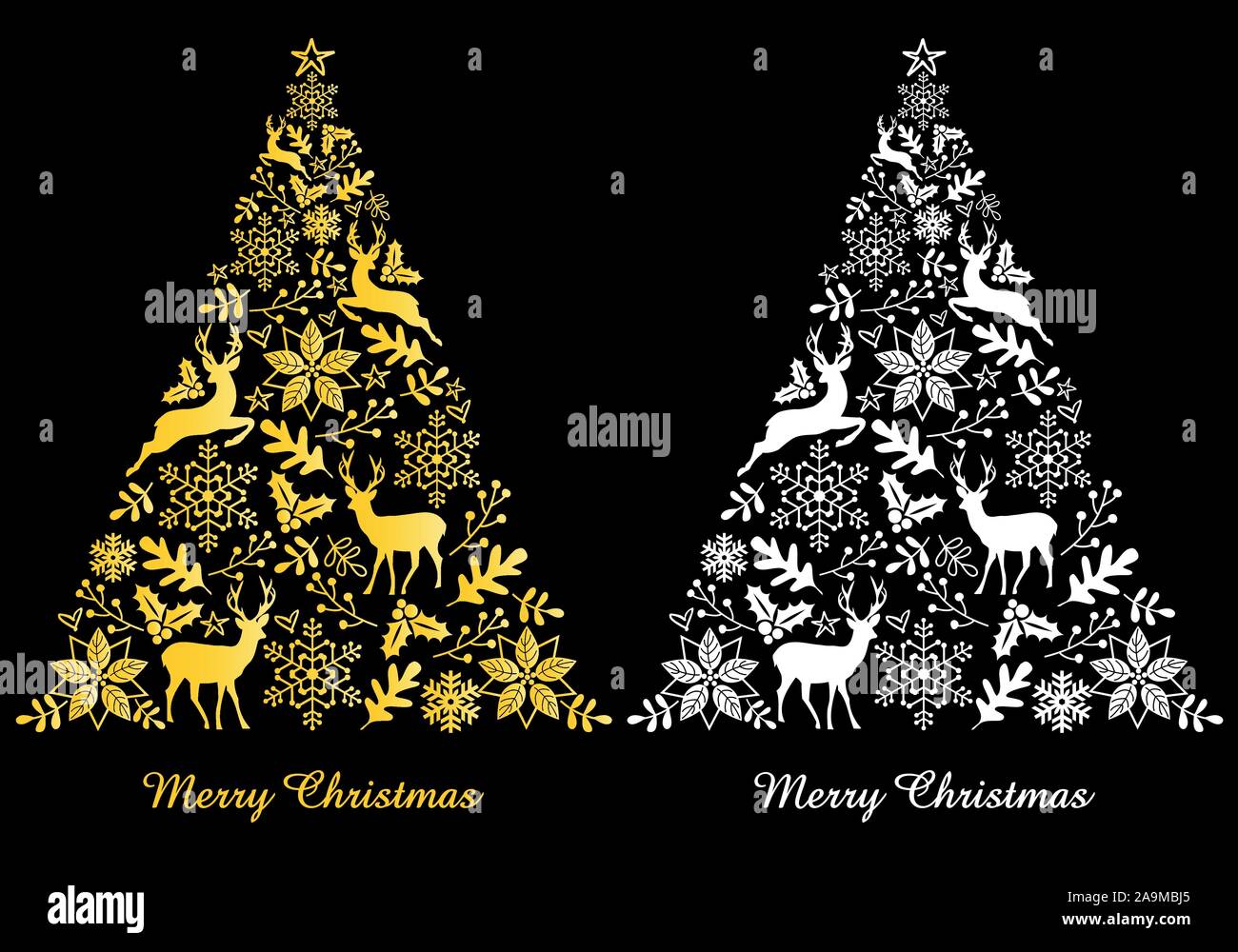 Scheda di Natale con oro e bianco astratto, albero ornamentale, illustrazione vettoriale Illustrazione Vettoriale