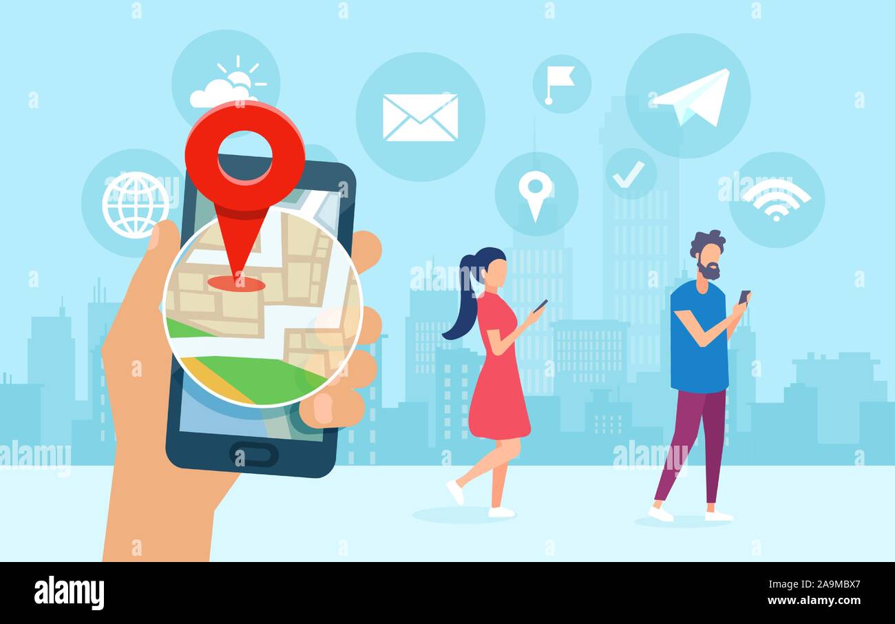 Vettore di giovani utilizza lo smartphone applicazioni condivisione posizione, chattare navigare in internet Illustrazione Vettoriale