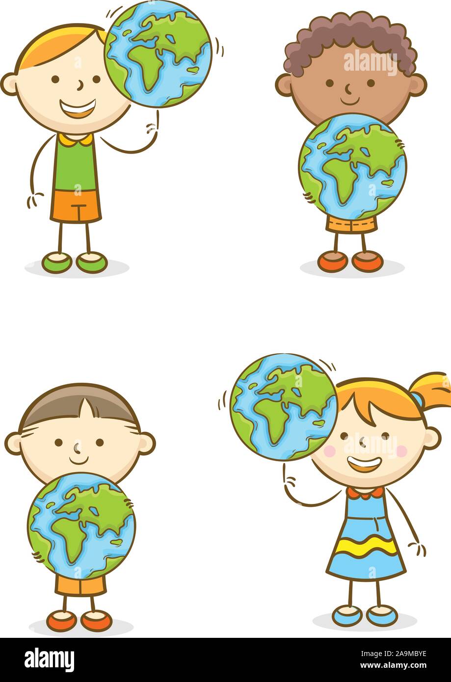 Doodle kid illustrazione: Set di bambini con globo mondo a portata di mano Illustrazione Vettoriale