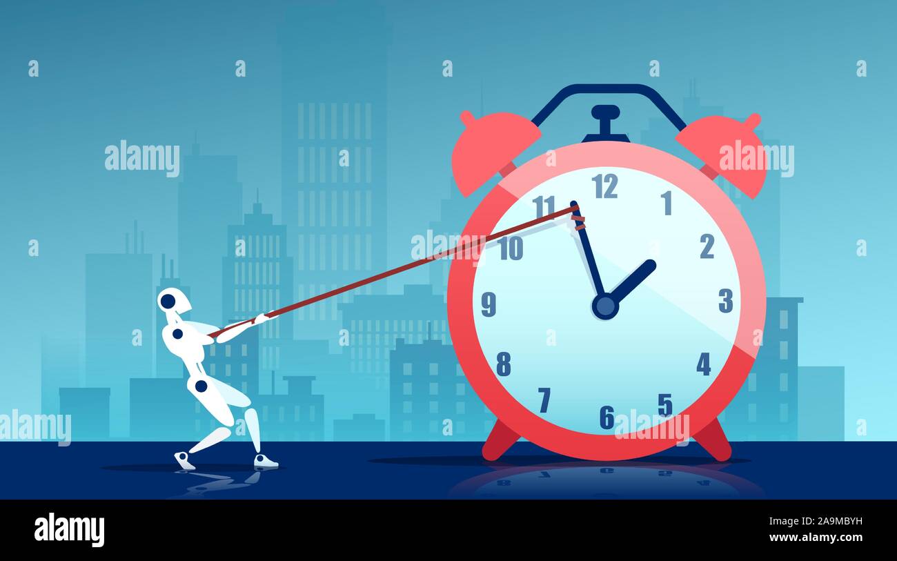 Vettore di un moderno robot tirando freccia orologio risparmiando tempo trascorso sul progetto. Illustrazione Vettoriale