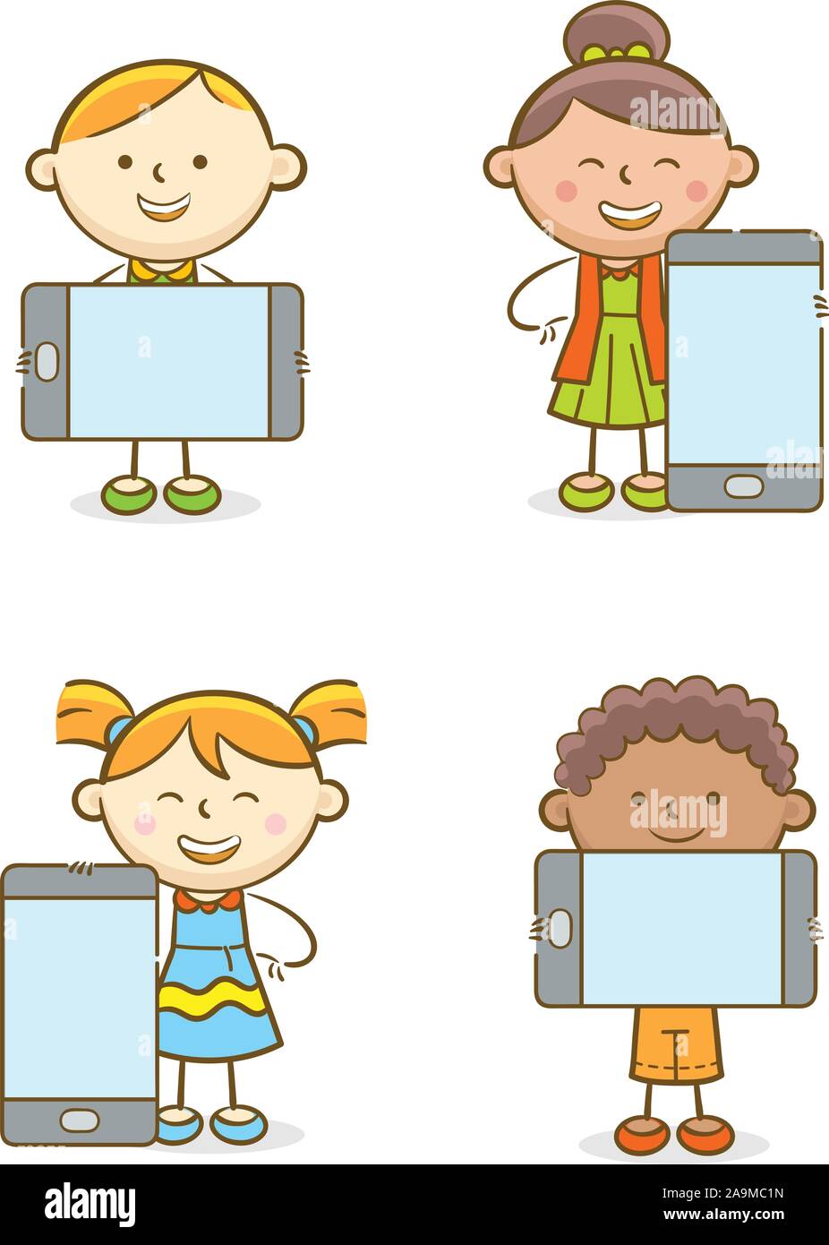 Doodle kid illustrazione: Set di bambini con i telefoni cellulari Illustrazione Vettoriale