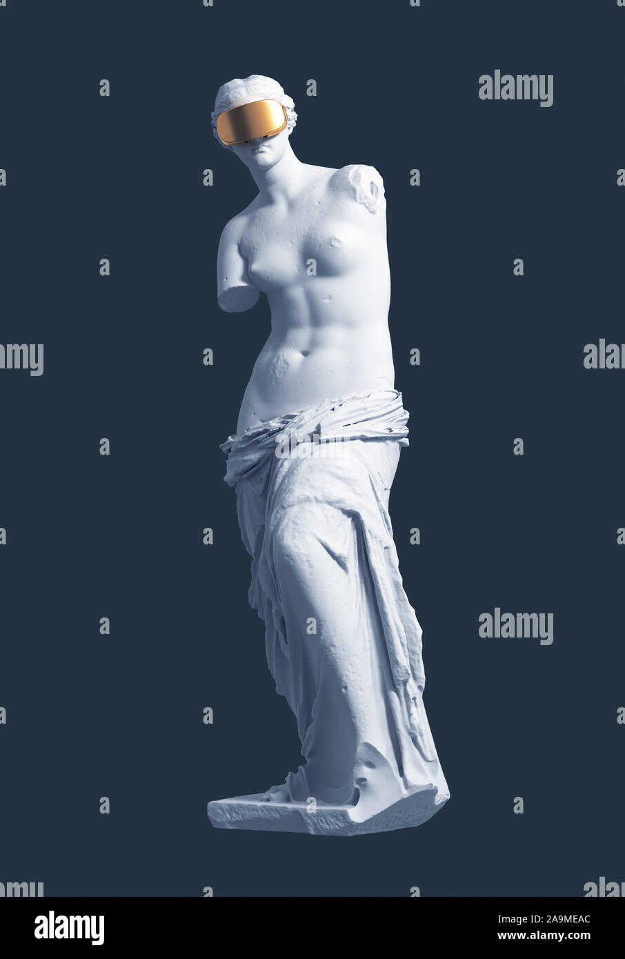 Modello 3D Aphrodite con Golden VR occhiali su sfondo blu. Concetto di arte all'interno della realtà virtuale. 3D'illustrazione. Foto Stock