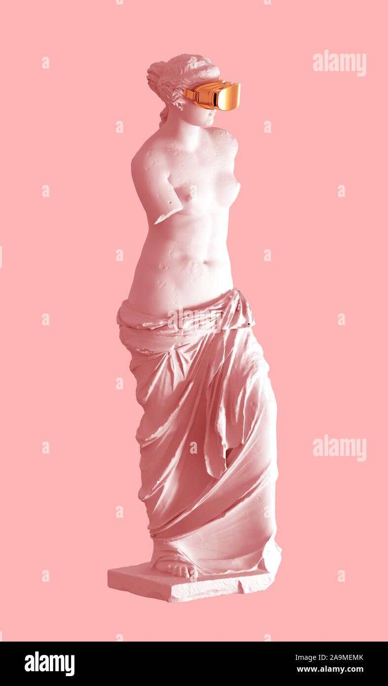 Modello 3D Aphrodite con Golden VR occhiali su sfondo rosa. Concetto di arte e di realtà virtuale. 3D'illustrazione. Foto Stock