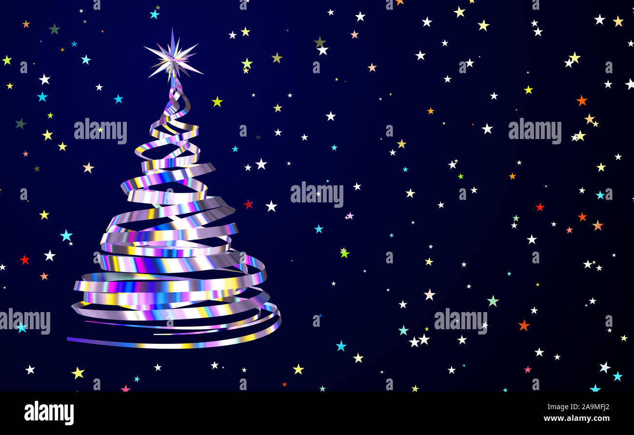 Albero di natale con spettro di nastri metallici sullo sfondo della Star di coriandoli. 3D'illustrazione. Foto Stock