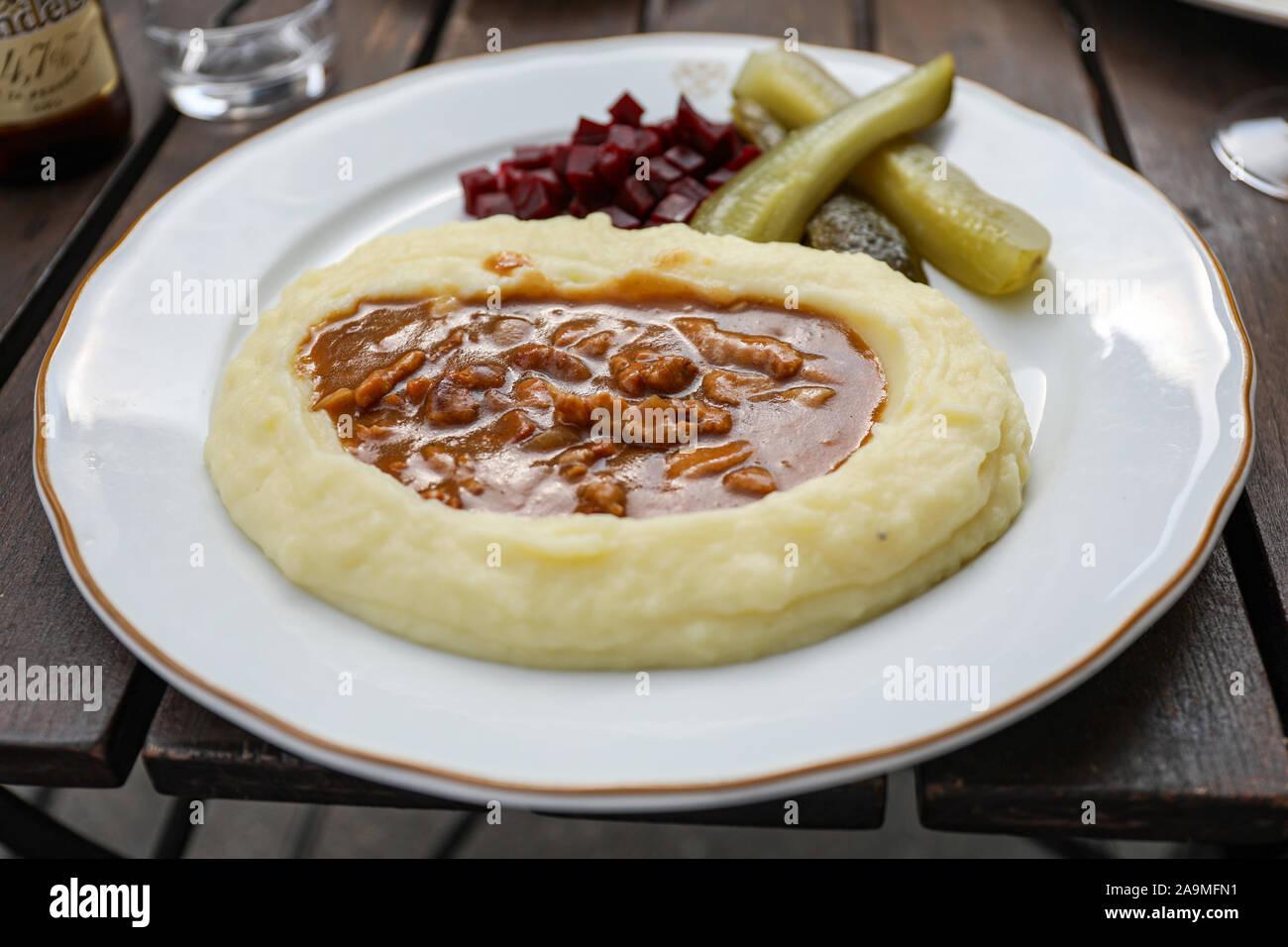 Läskisoosi, Finlandese Tradizionale sugo di maiale con purea di patate Foto Stock