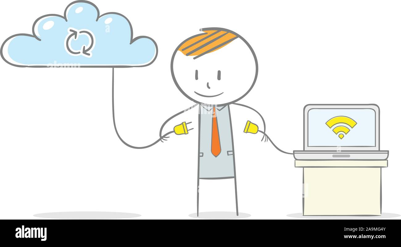 Doodle stick figura:imprenditore collegato il suo computer portatile per un sistema cloud Illustrazione Vettoriale Doodle stick figura:imprenditore collegato il suo computer portatile per un sistema cloud Illustrazione Vettoriale
