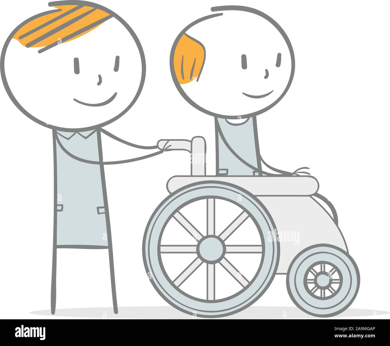 Doodle stick figura: aiutare un vecchio uomo sulla sedia a rotelle Illustrazione Vettoriale