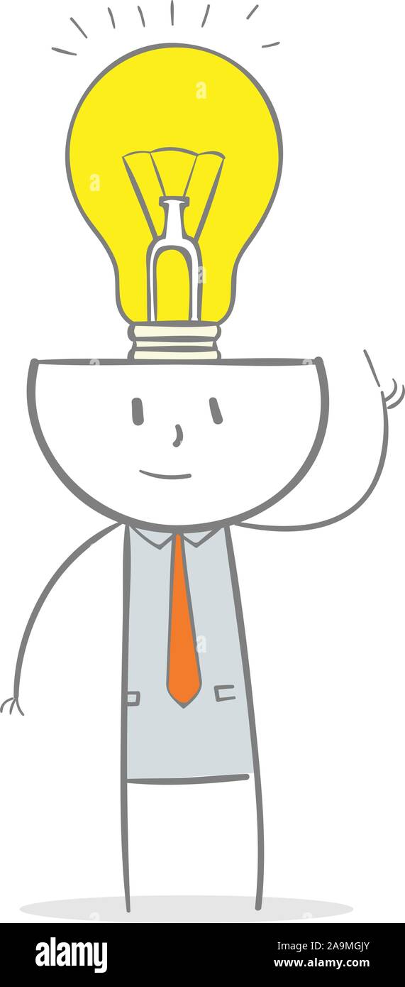 Doodle stick figura: Business man con il cervello pieno di idee concetto Illustrazione Vettoriale