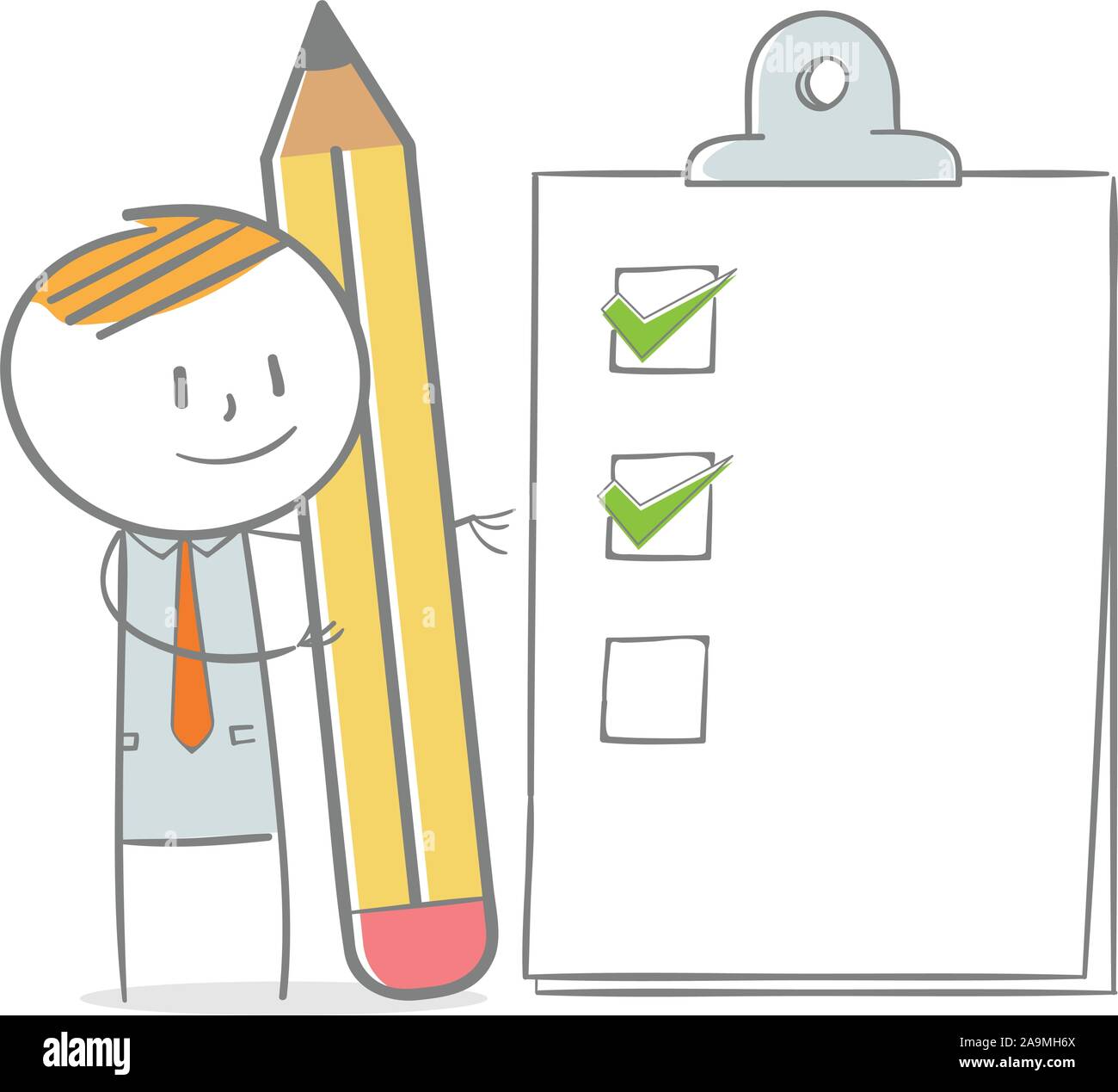 Doodle stick figura: Imprenditore con lista di controllo negli appunti Illustrazione Vettoriale