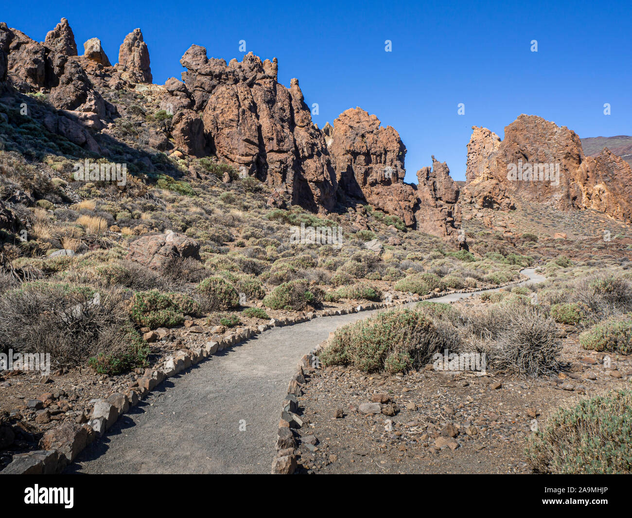 Sentiero intorno le formazioni rocciose a Roques de Garcia nel Parco Nazionale del Teide a Tenerife, Isole Canarie, Spagna Foto Stock