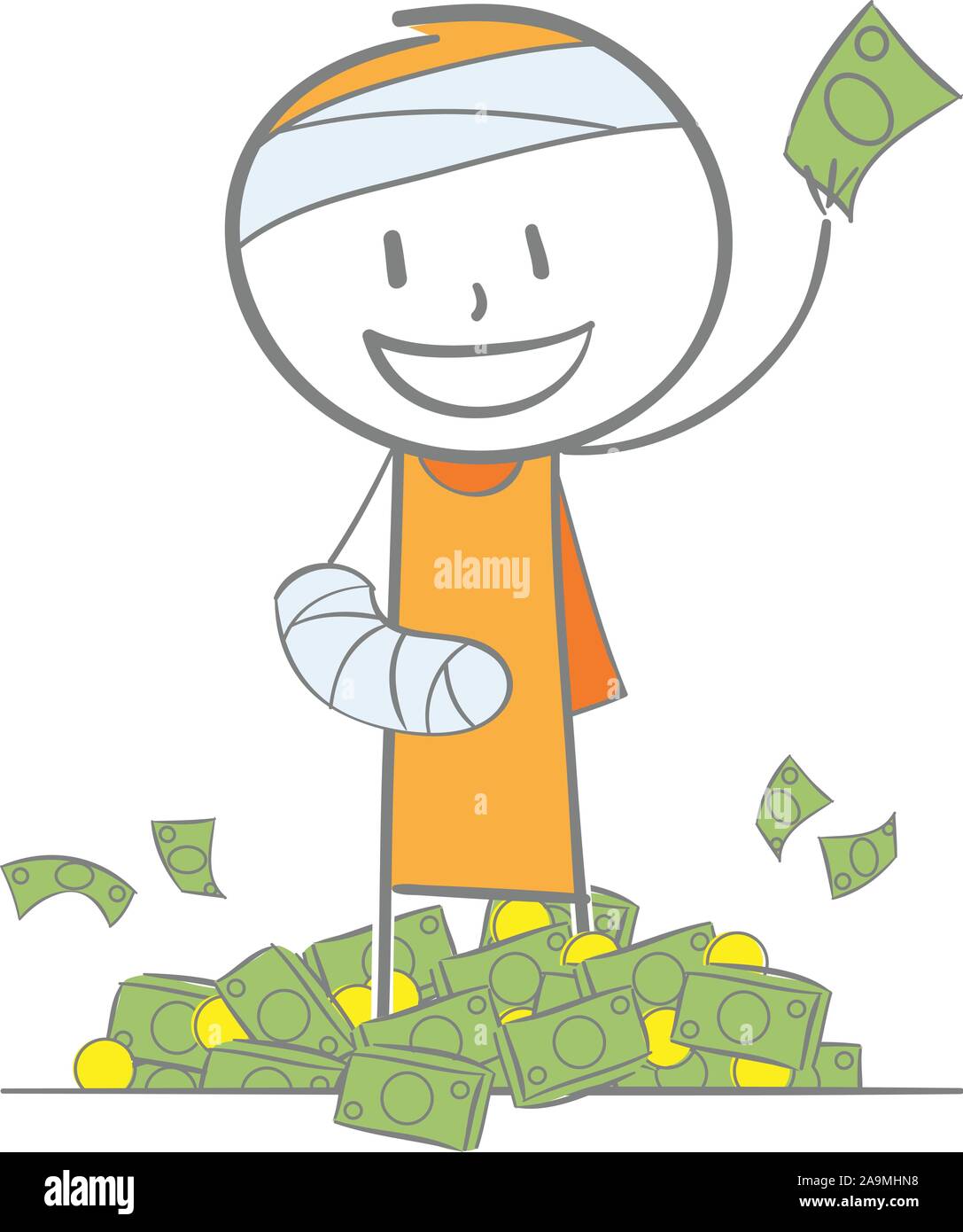 Doodle stick figura: Home concetto di assicurazione. Business man in gesso sembra felice con la pila di denaro Illustrazione Vettoriale