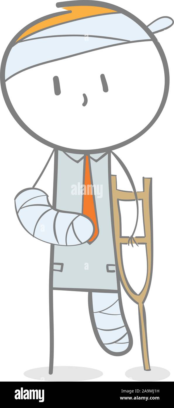 Doodle stick figura: feriti business man in gesso con l aiuto di stampelle Illustrazione Vettoriale
