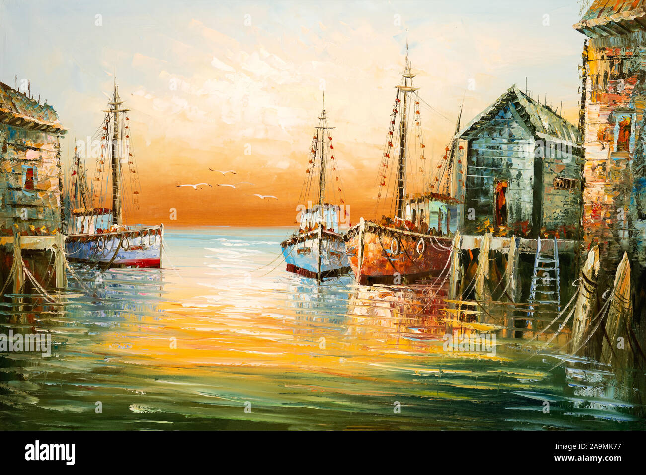 Immagine della pittura con spessa pennellata di vernice e una spatola che illustra i dettagli di barche di pescatori e baracche in un porto. Foto Stock