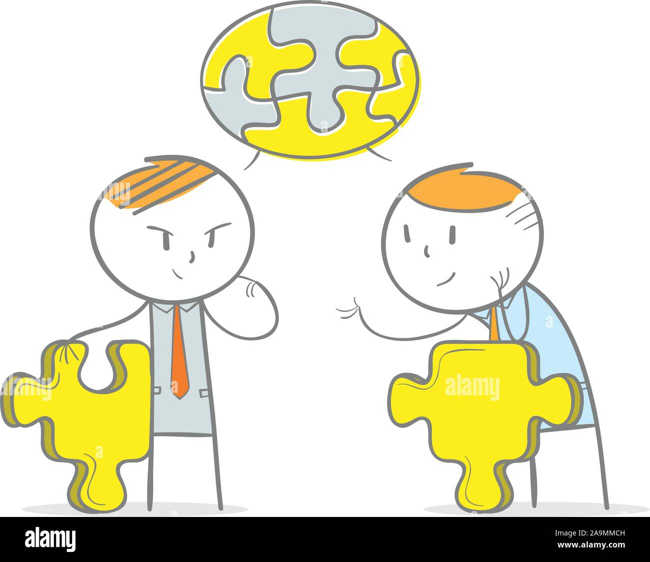 Doodle stick figura:due commercianti in discussione per risolvere il puzzle Illustrazione Vettoriale