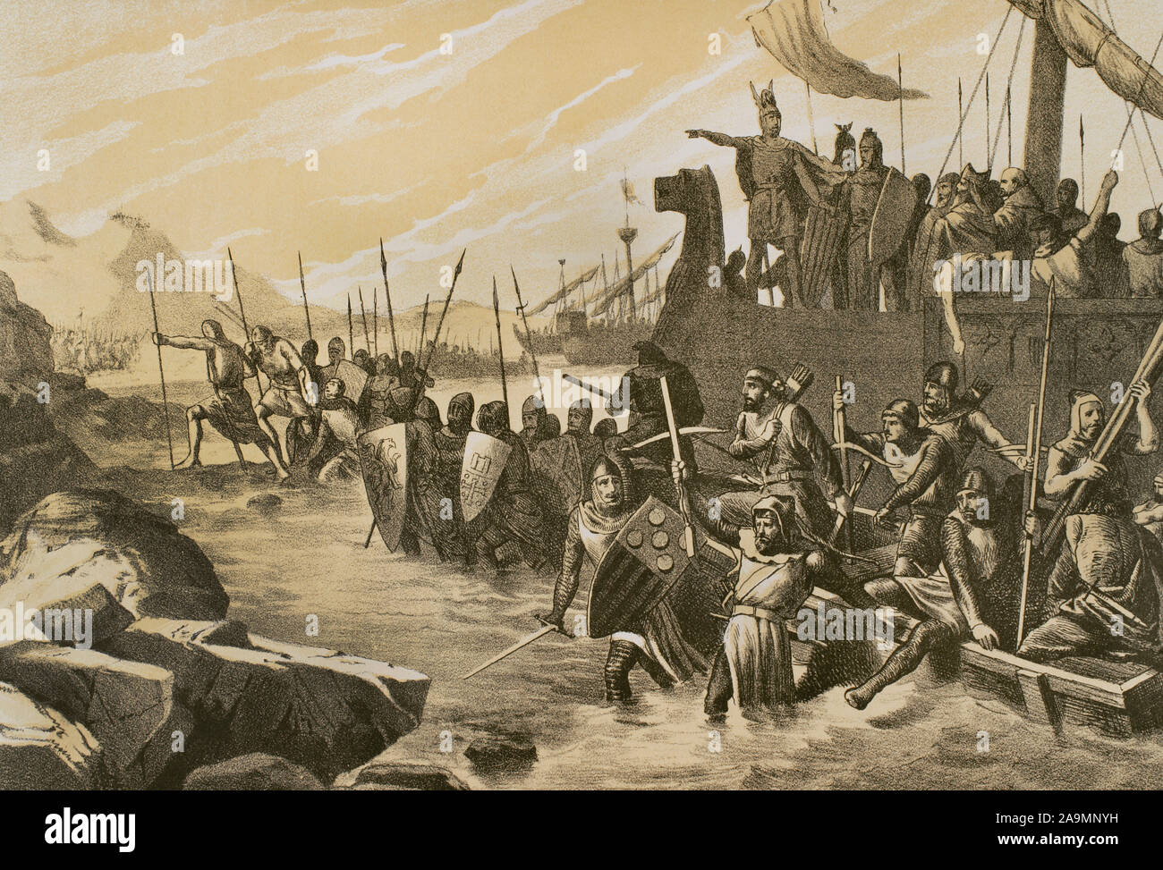 Conquista dell'isola di Maiorca da Christian re Giacomo I d'Aragona. È atterrato sulla spiaggia di Santa Ponsa a mezzanotte del 10 settembre 1229. Le truppe di raggiungere la costa. La litografia. Museo Militar, 1883. Foto Stock