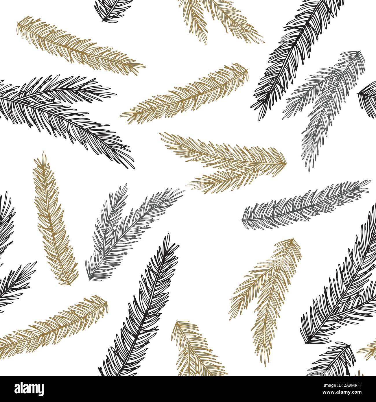 Xmas Seamless pattern con decorazioni natalizie, rami di pino disegnati a mano art design illustrazione vettoriale. Illustrazione Vettoriale