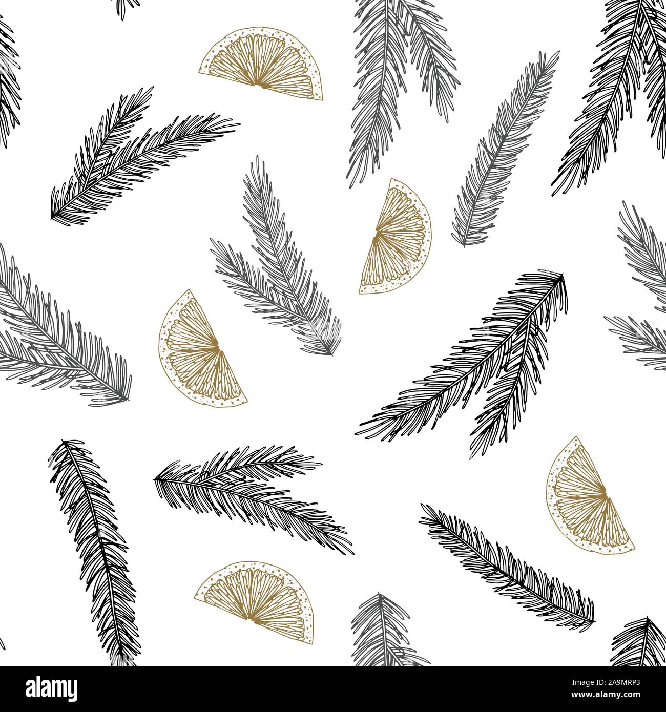 Xmas Seamless pattern con decorazioni natalizie, rami di pino disegnati a mano art design illustrazione vettoriale. Illustrazione Vettoriale