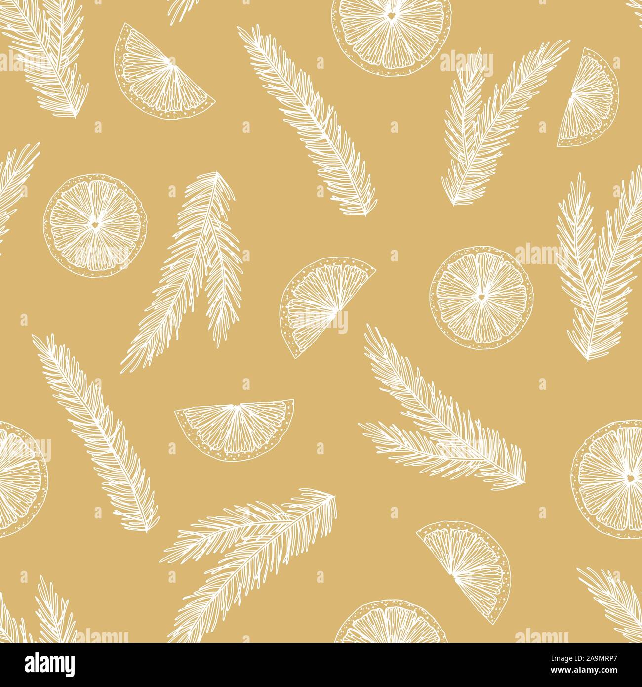 Xmas Seamless pattern con decorazioni natalizie, rami di pino disegnati a mano art design illustrazione vettoriale. Illustrazione Vettoriale