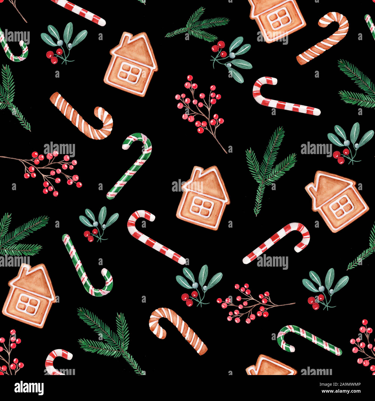 Seamless patern illustrazione di Natale, disegnati a mano acquerello. Bacche, lollilop, vischio, gingerbread su sfondo nero. Design per gli sfondi Foto Stock