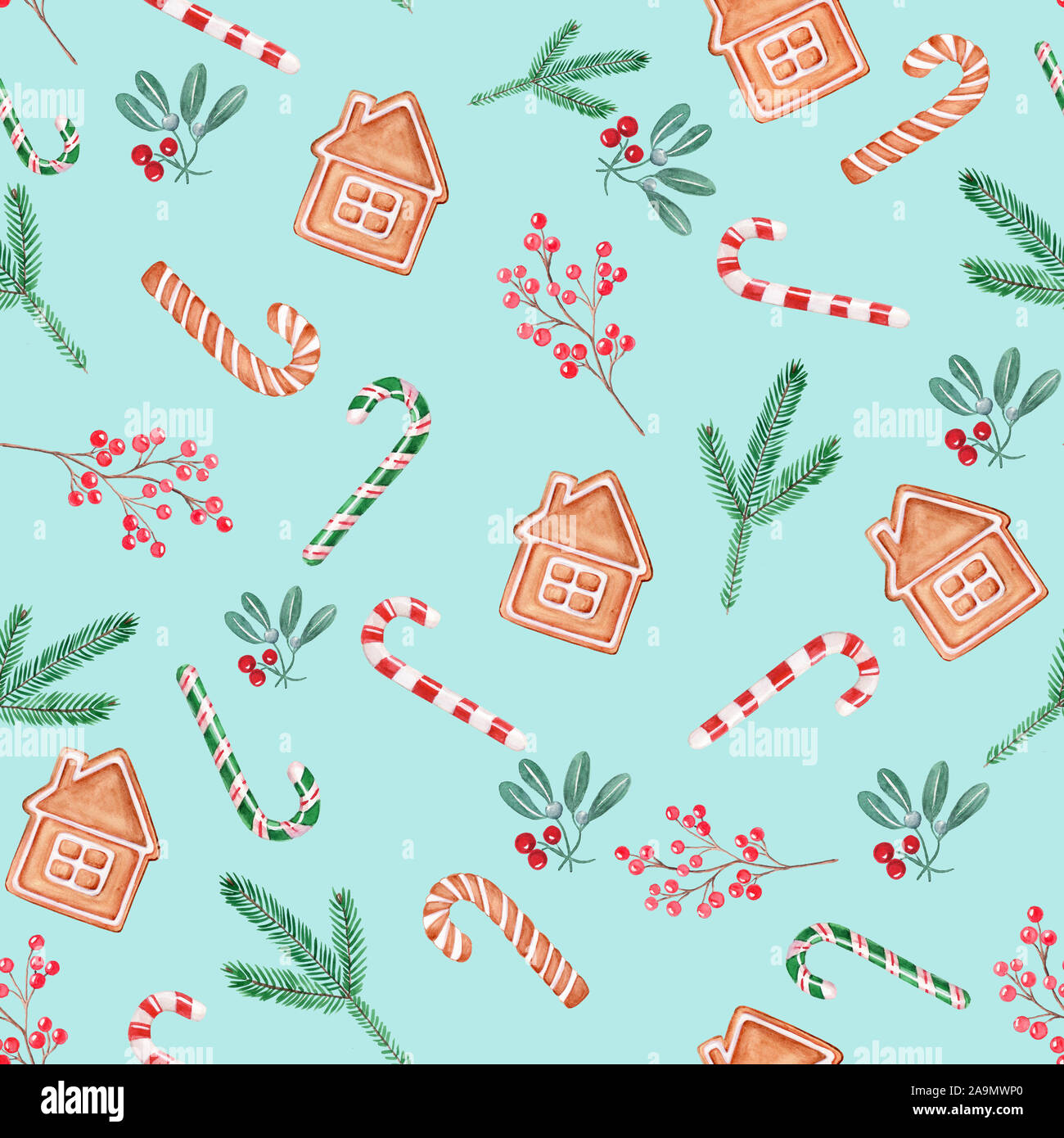 Seamless patern illustrazione di Natale, disegnati a mano acquerello. Bacche, lollilop, vischio, gingerbread su sfondo blu. Progettazione per sfondi, w Foto Stock