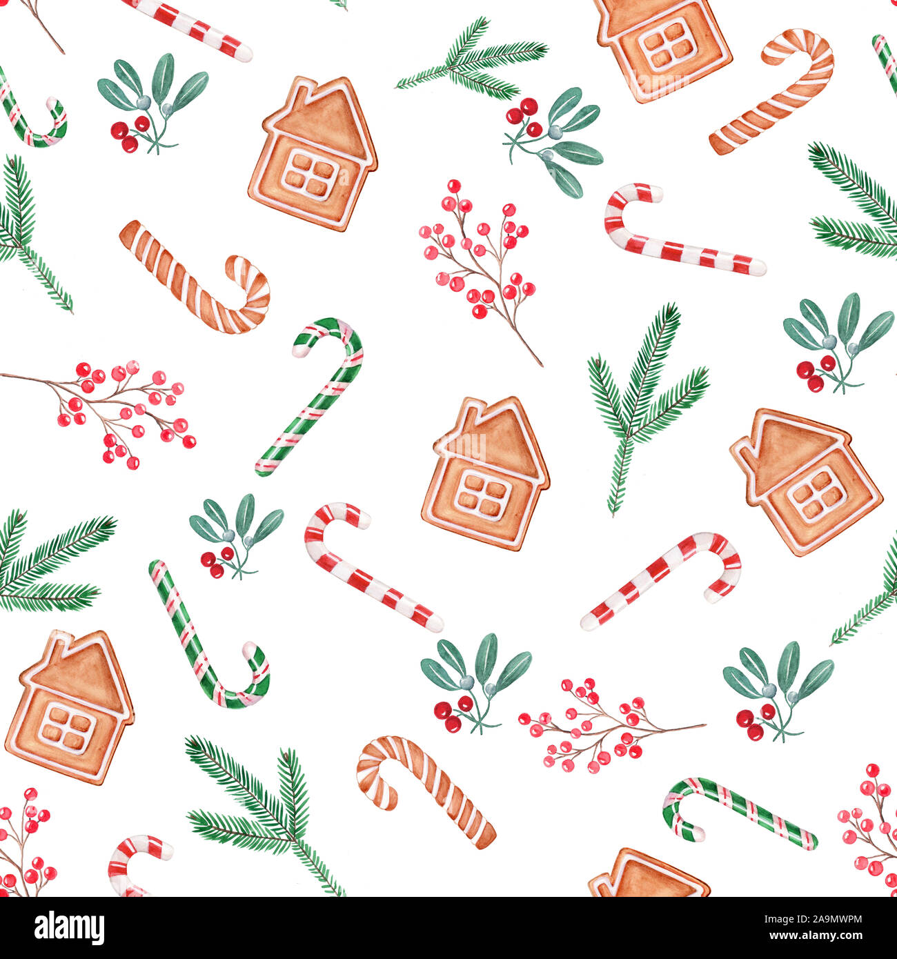 Seamless patern illustrazione di Natale, disegnati a mano acquerello. Bacche, lollilop, vischio, gingerbread su sfondo bianco. Design per gli sfondi Foto Stock